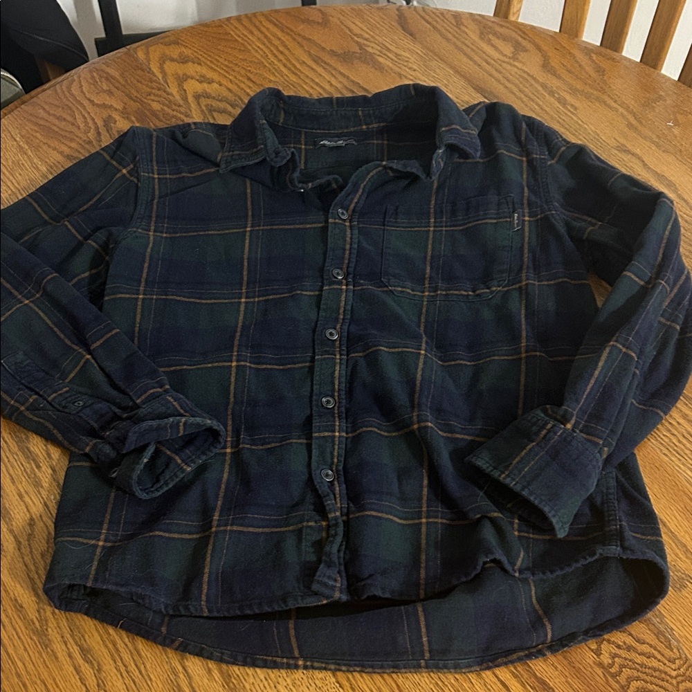 Unisex Dark Green & Navy Plaid Button-Up Shirt
